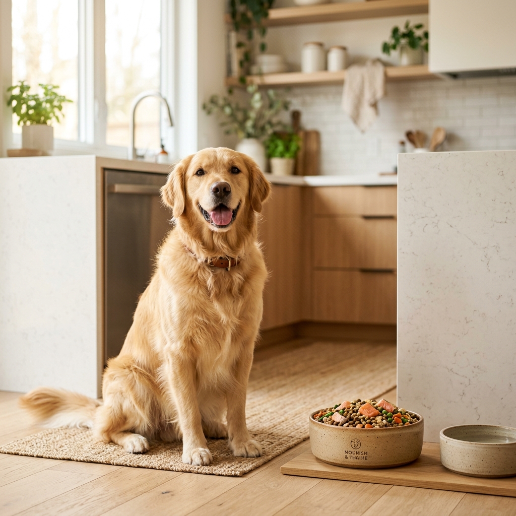 Golden retriever with premium pet food in a modern kitchen